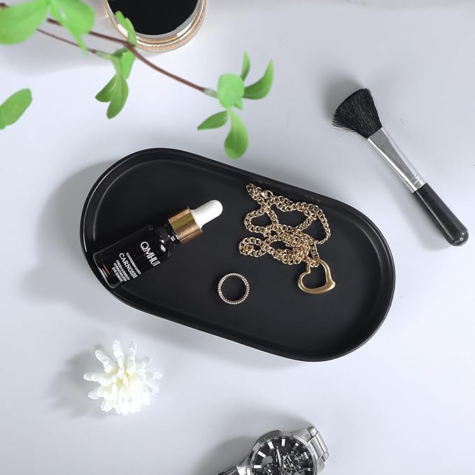Matte Black Round Soap Dispenser Tray - 8'' Ceramic Vanity Tray for Bathroom Decorative, Jewelry Ring Dish, Comestic Holder, Kitchen Sink Countertop Organizer Plate