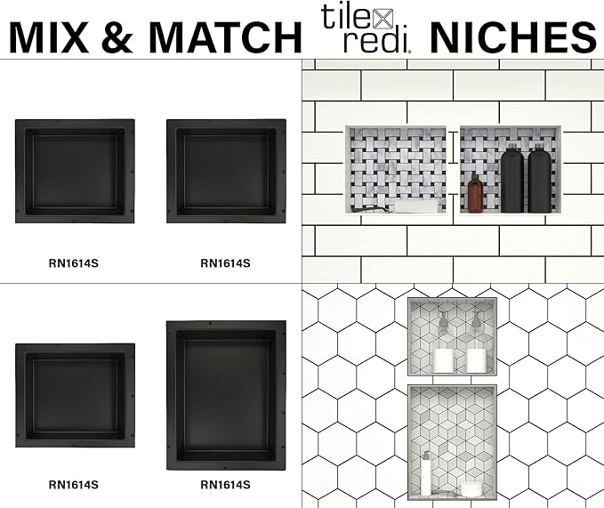 Tile Redi USA Niche Single Recessed Shower Shelf – Black, One Inner Shelf, 16-Inch Width x 14-Inch Height x 4-Inch Depth (620)