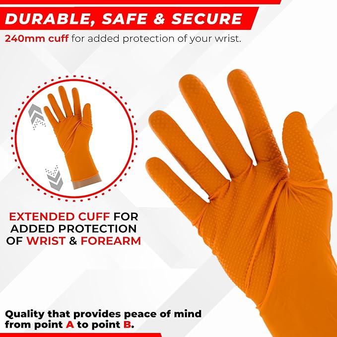 Copperhead HD Orange Nitrile Disposable Gloves, 8 Mil, Latex and Powder Free, Industrial, Food Safe, Raised Diamond Texture
