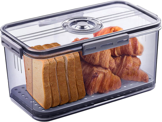 Airtight Bread Box with Time Recording — Large Capacity Bread Storage Container with Lid, Bread Keeper for Homemade Bread, Toast, Bagel & Cookies, Grey