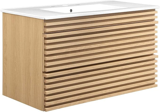 Modway Render 36" Wall-Mount Bathroom Vanity in Oak White
