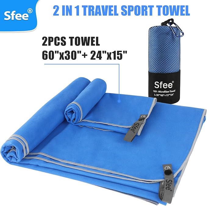 2 Pack Microfiber Travel Towel, Quick Dry Beach CampingTowel Super Absorbent Compact Lightweight Sport Gym Towels for Beach, Gym, Hiking, Pool, Backpacking, Bath, Yoga