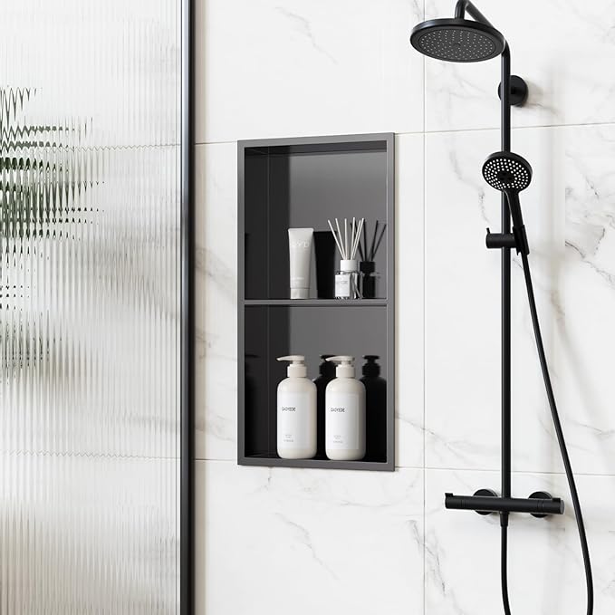 QAOYEDE Shower Niche Insert 24"x12", Stainless Steel 2 Layer Niche for Shower Wall No Tile Needed, Recessed Showers Shelf for Bathroom Storage, Dark Grey Black