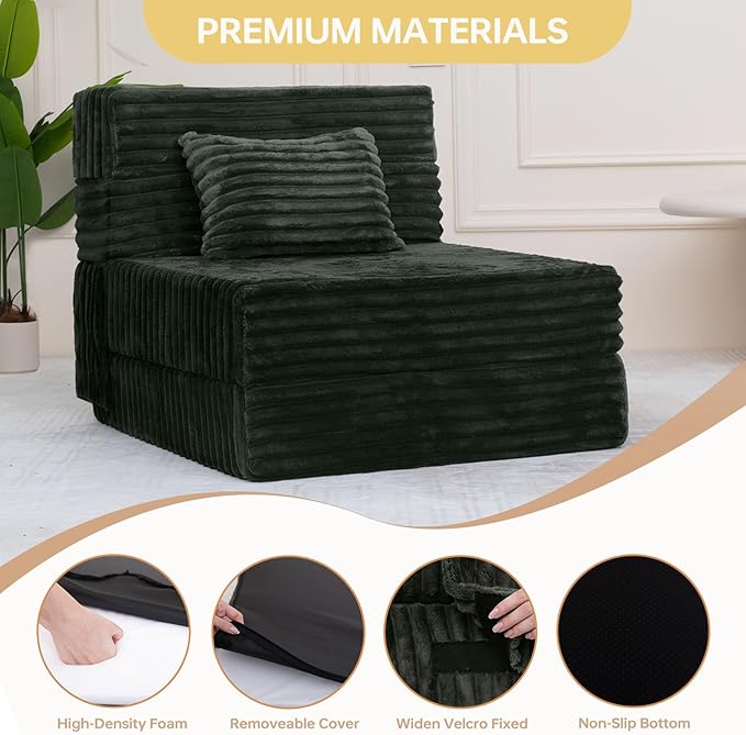 Folding Sofa Bed Single, Convertible Futon Chair Bed with Pillow, Folding Sofa Sleeper Chair, Comfortable Foam Floor Couch for Living Room, Bedroom, Dorm, Guest Room, Charcoal Moss Grey