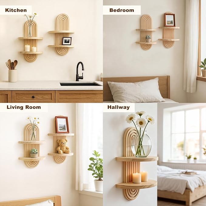 Artilady 2 Pack Boho Wall Hanging Shelf - Handmade 2 Tier Rainbow Arch Solid Wood Floating Shelves Wall Decor Small Trinket Storage Rack for Bedroom Living Room Nursery Bathroom