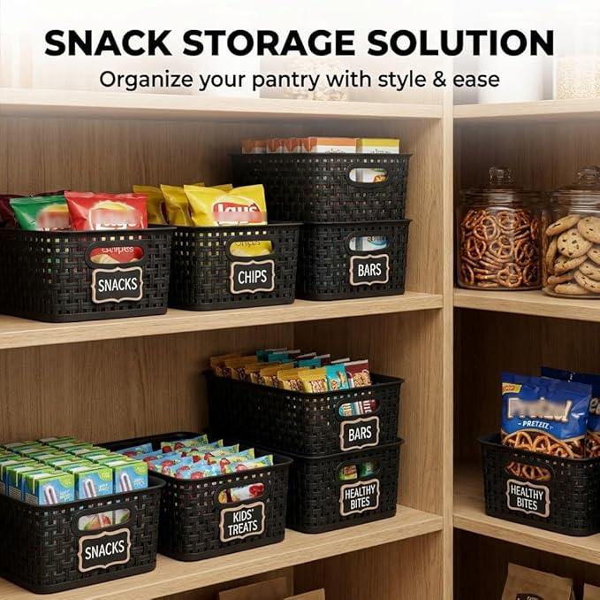 8 Pack Black Storage Baskets, Plastic Woven Organizer Baskets, Stackable Shelf Baskets for Closet, Pantry, Bathroom & Laundry Room