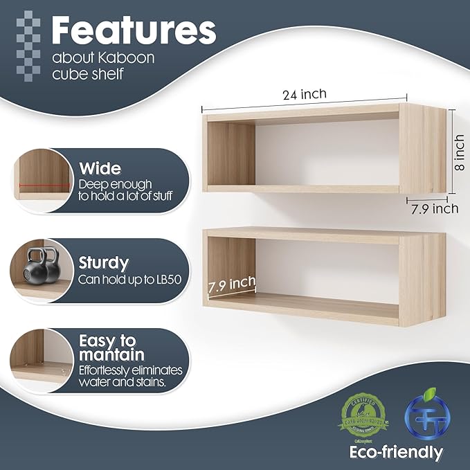 Kaboon 24in Floating Cube Shelves Set of 2, Display Shelves Wall Mount, Decorative Hanging Shelves for Kitchen Living Room Office,(Grey Oak, Rectangle 2 Cubes)