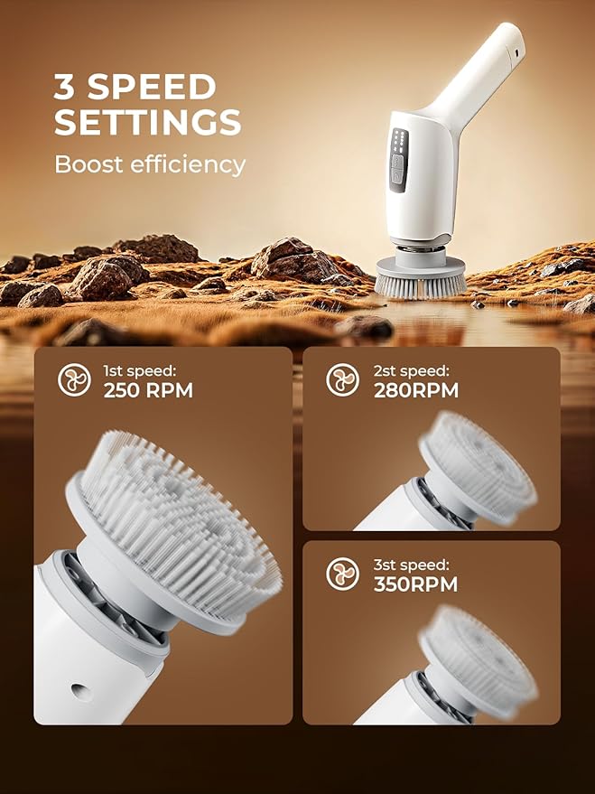 Electric Spin Scrubber, Cordless Cleaning Brush Shower Scrubber with 9 Replaceable Brush Heads 3 Speeds Extension Handle for Bathroom, Shower, Bathtub, Floor, Tile, Kitchen, Pool (1, White)