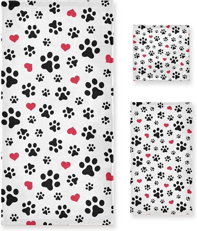 3 Piece Black White Dog Paw Print Bath Towel Set,Microfiber Decorative Puppy Pet Footprint Red Love Hearts Bathroom Towels,1 Bath Towel 1 Hand Towel for Bathroom Kitchen,1 Washcloth for Face