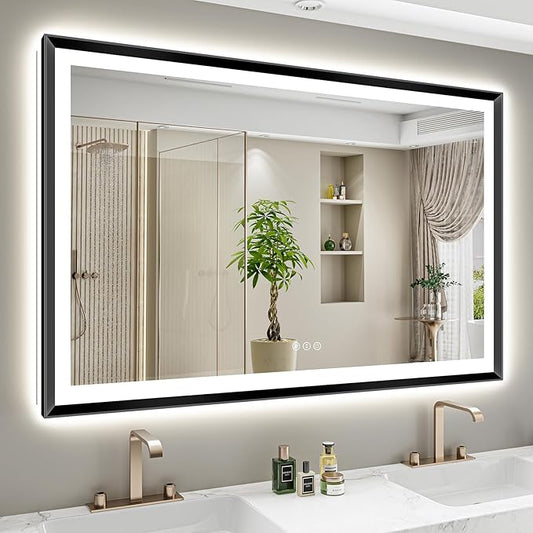 60x40 Black Framed LED Bathroom Mirror with Lights, Backlit and Front Light, Lighted Bathroom Vanity Mirror for Wall Dimmable Anti-Fog Memory Tempered Glass Horizontal/Vertical