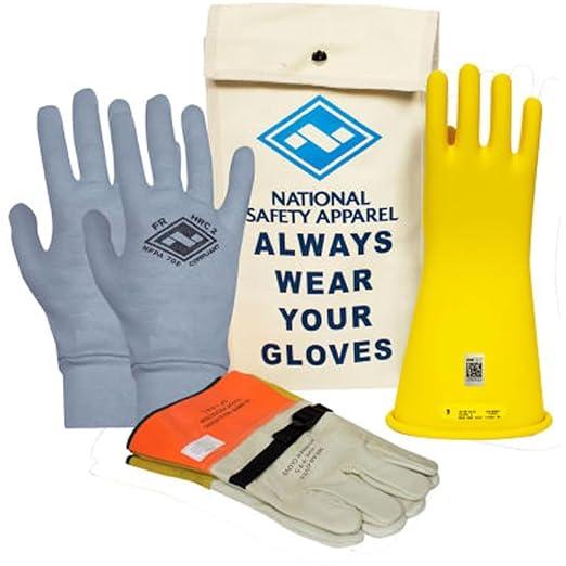 Enespro Class 2 Yellow Rubber Voltage Insulating Glove Premium Kit with FR Knit Glove and Leather Protectors, Max. Use Voltage 17,000V AC/ 25,500V DC, KITGC2Y12AG