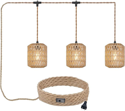 3 Lights Plug in Pendant Light with Cord On/Off Switch Rattan Hanging Lamp with 22ft Hand Woven Wicker Plug in Chandelier Boho Hanging Lights Fixture for Bedroom Kitchen Hallway Foyer