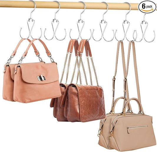 ZEDODIER 6 Pack Purse Hanger Bag Organizer for Closet, Heavy Duty Rotatable Purse Holder with 12 Storage Capacity, Bag Storage Rack for Purses Bags Backpacks, Silver