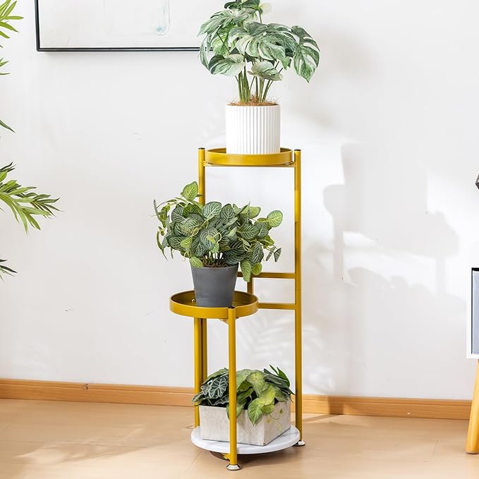 CHPHI Plant Stand Indoor Outdoor, 3-Tier Metal Flower Shelf Pot Holder , Corner Rack for Multiple Plants, Multiple Plants Rack Narrow Display Organizer for Patio Orchid Office Porch Living Room Garden (gold)