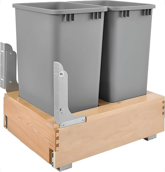 Rev-A-Shelf Double 50-Quart Pullout Under Cabinet Trash Cans with Soft Open & Close Slide System, Metallic Silver, Maple Wood Bottom 4WCBM-2150DM-2