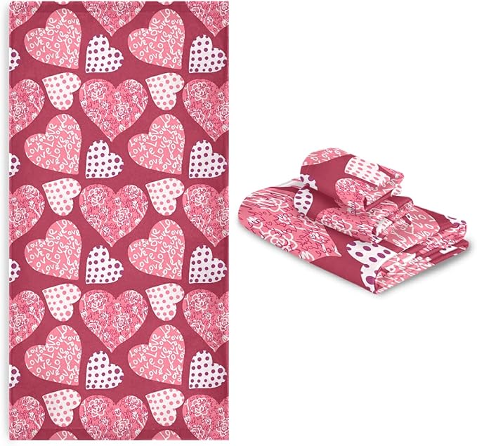 Pink Plaid Hearts Towels Set of 3 Romantic Love Dot Spring Bathroom Towel Soft Absorbent Bath Hand Towels Washcloth Guest Towel Sets Mother's ValentineDecorations
