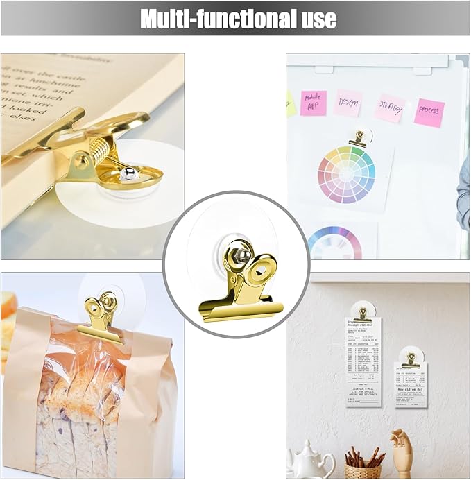 Self Adhesive Metal Clips, 12 Pcs Upgrade Strong Self-Adhesive Clips for Hanging and Organization, Spring Clip for Paper Poster Tapestry Photo Wall Teacher Student Home Kitchen Office, Golden