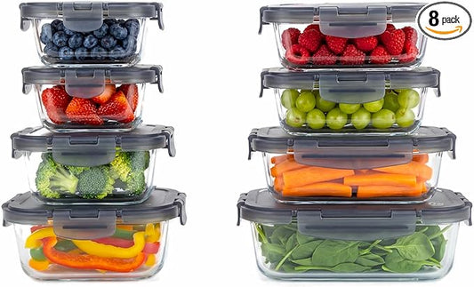 Borosilicate Glass Airtight Food Storage Containers with Vented Lids, Assorted Set of 8 (4 Rectangular & 4 Square)
