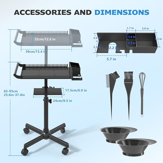 Hairstylist Tray on Wheels, Rolling Salon Tray with Holder and Hair Separator Stand, Salon Trolley Adjustable Tray with Storage Platform Dye Bowls and Tools for Hair Stylist
