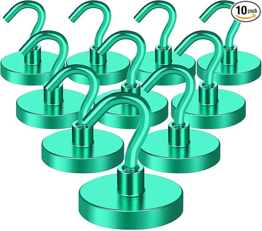 MIKEDE Strong Magnetic Hooks, 120Lbs Heavy Duty Magnetic Hooks for Cruise, Neodymium Earth Magnets with Hooks for Hanging, Super Metal Industrial Magnets for Grill, Storage (Green,10 Pack)