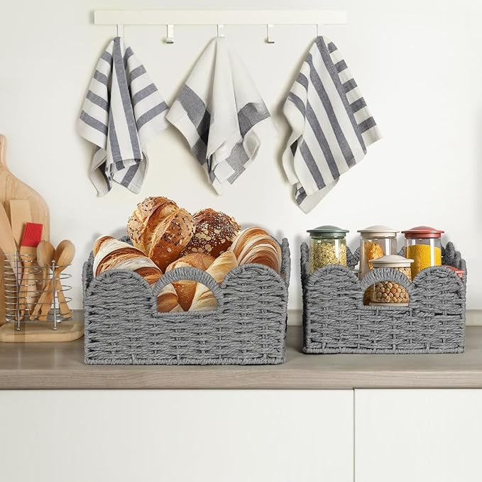 Scalloped Wicker Basket Natural Paper Rope Storage Baskets with Handles Handwoven Organizer Bin Wicker Storage Baskets for Home Decor, Organizing, 2 Pack (Grey)