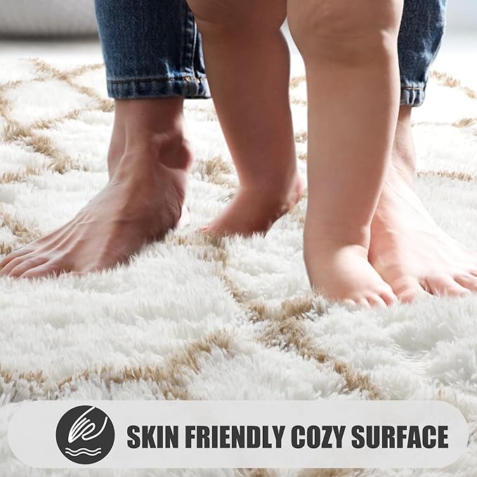 ONASAR 5x7 Area Rugs for Living Room Bedroom, Fluffy White and Beige Faux Fur Bedside Rug, Geometric Boho Soft Plush Shaggy Floor Carpet Mat for Nursery Kids Girls Teen Dorm Home Decor