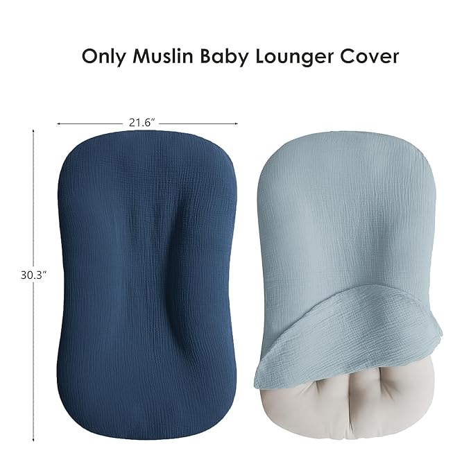 Muslin Baby Cover for Newborn, Soft and Breathable 100% Cotton Lounger Slipcover Neutral, Pack of 2(Dark Blue)