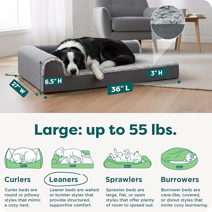 FurHaven Cooling Gel Dog Bed for Medium/Large Dogs, L-Shaped Chaise with Cool Gel-Top Foam & Solid Orthopedic Foam Base for Joint Support, Washable Cover, Large, Plush & Suede, Stone Gray