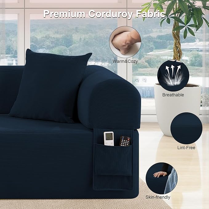 83'' Boneless Sofa in A Box, 3-Seater Floor Sofa No Assembly Corduroy Couch for Living Room, Cloud Couch with 2 Pillows & Storage Bag, Memory Foam Small Floor Couches for Office, Navy Blue