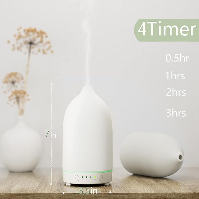 Essential Oil Diffusers,Handmade Ceramic Aromatherapy Diffuser for Room and 9 Colors Night Light for Home,Auto-Off (White)