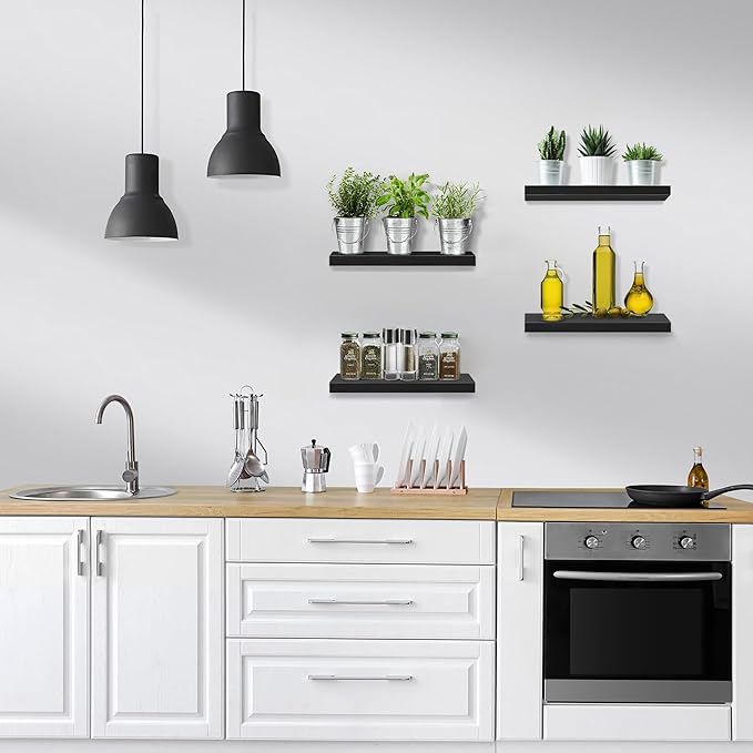 Floating Shelves for Wall – 16 Inch Floating Shelf for Kitchen, Bedroom, Living Room, Bathroom, Home & Wall Decor - Mounted Bathroom Shelves with Invisible Brackets (Black, 4 Pack)