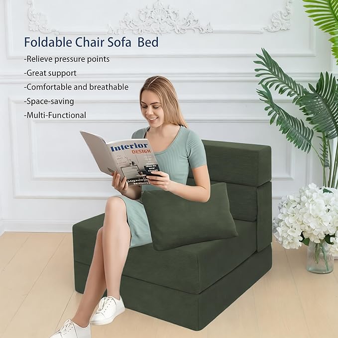 Sofa Bed Foldable Mattress ，Folding Sleeper Sofa Chair Bed Floor Mattress with Pillow for Living Room Home Office (Green-Corduroy, Single)