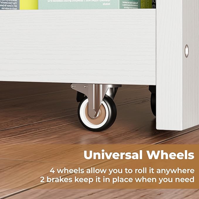 LIKIMIO 4 Tier Slim Storage Cart with Hooks, Wheels, Handle, Slide-Out Rolling Utility Cart for Small Spaces Kitchen, Narrow Mobile Shelving Unit Organizer Trolley, 15.7" L x 9.4" W