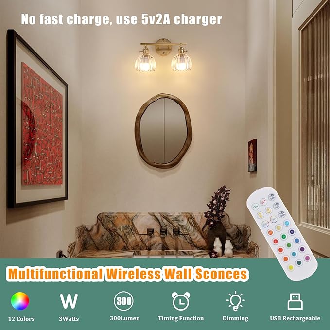 Battery Operated Bathroom Light Fixtures, 2-Light Brass Vanity Wall Light with 5000mAh Rechargeable Bulb Over Mirror with Clear Tulip Glass Shade for Bedroom Living Room