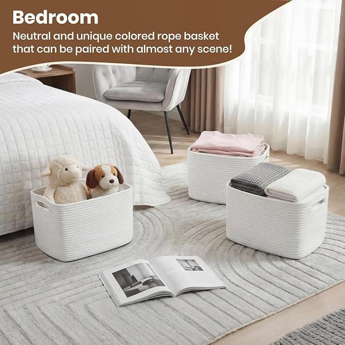 Storage Baskets for Organizing, 14 x 10 x 9” Closet Shelf Woven Baskets, Square Bins with Handles, Cotton Rope Basket for Toys, Clothes, Office, Room, White 1 Pack