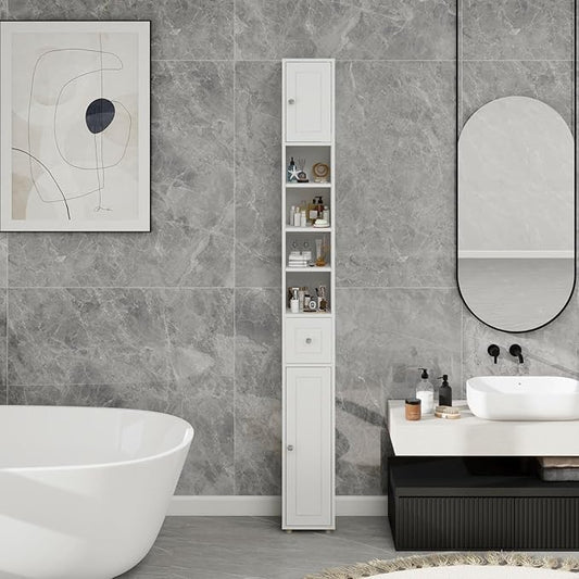 Tall Slim Bathroom Storage Cabinet, 71" Freestanding Bathroom Cabinet w/ 2 Doors, 1 Drawer, 4 Adjustable Shelves, Floor Narrow Tower Cabinet for Small Spaces
