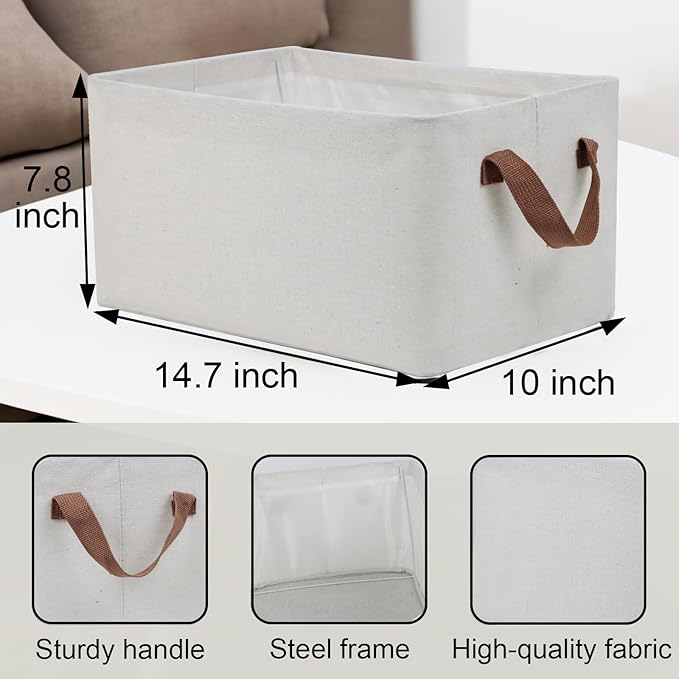 4 Pcs Fabric Storage Bins, Organization Baskets for Shelves, 15" Linen Closet Organizer with Handles, Metal Frame, Natural Color, Shelves Basket for Organizing, White