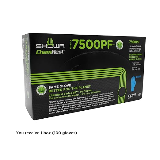 SHOWA 7500PF Sustainable EBT Latex-Free, Powder-Free, Nitrile Disposable Single Use Safety Gloves, 4 Mil, 9.5" Length, Large (1 Box/100 Gloves)