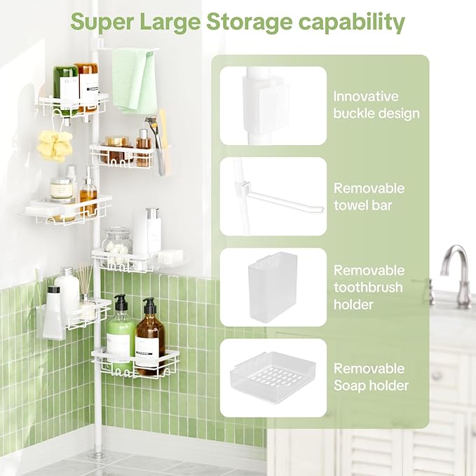 Shower Tension Rod Organizer, 6 Tier Rustproof Corner Shower Caddy Tension Pole with Soap Holder & Hooks, Adjustable 30-121 Inch Bathroom Shelf for Renters - Family Stand Storage Rack, White