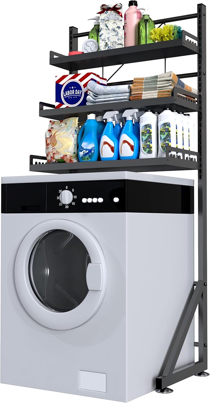 Multifunctional Storage Three-Tier Adjustable Height Laundry Room Shelf Space Saving Organizer
