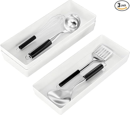 ihomecooker 3 Pack White Large Size Plastic Drawer Organizer Tray Cutlery Utensil Makeups Drawer Organizers 15" X 6"
