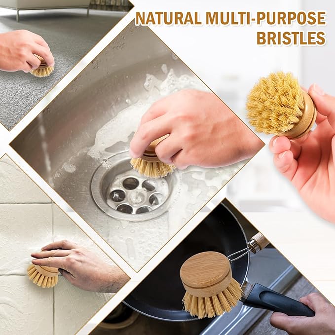 6pcs Bamboo Dish Brush Replacement Heads, Wooden Dish Brushes for Cleaning – Kitchen Wood Dish Scrubbers Washing Up Brush Heads – Natural Bristle Brush Refills for Dishes, Pots – Eco Friendly