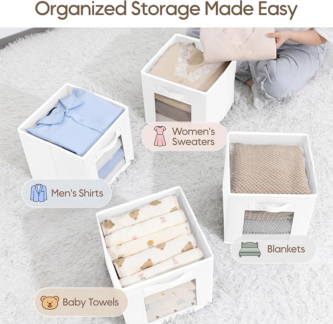Storage Cube 11 Inch - Cube Storage Bins with Window, Closet Storage Baskets with Handle, Fabric Bins for Closet, Shelves, Toys, Clothes, Set of 16, White