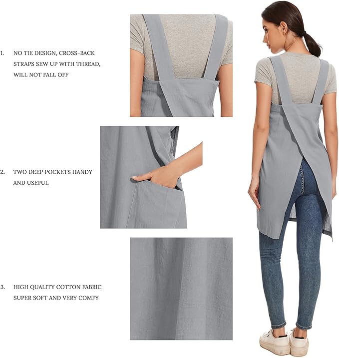 Women Apron with 2 Pockets Cotton Linen Kitchen Baking Cooking Chef Cross Back Pinafore Dress