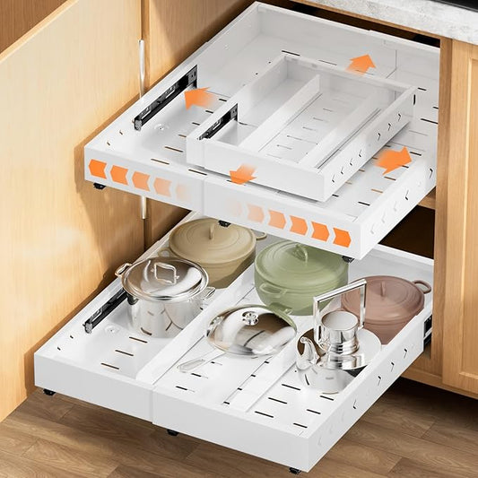 Pull out Cabinet Organizer Expandable W(12"-20") and D(16"-22"), No Drill Adjustable Slide Out Drawers With 3 Slide Rails, 2Pcs Magnetic Panel, Adhesive Roll out Shelves for Kitchen, Cabinets, Pantry