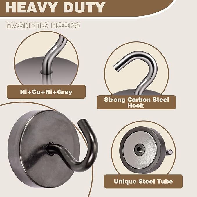 Neosmuk Magnetic Hooks, Cruise Ship Essentials, 8lb+ Heavy Duty Magnetic Hooks for Cruise Cabins, Refrigerator, Grill, Hanging, and Travel | Extra Strong Must-Haves Magnet Hook,Brown, 4 Pack