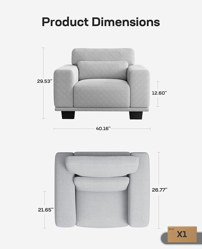 Marsail 40" Sofa Couch, 1-Seater Couches with Wide Armrests & Deep Cushions, Modern Linen Fabric Sofas for Living Room, Comfy Upholstered Couch with Removable Washable Covers, Light Grey
