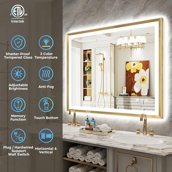 55x40 Gold Framed LED Bathroom Mirror with Lights, Backlit and Front Light, Lighted Bathroom Vanity Mirror for Wall Dimmable Anti-Fog Memory Tempered Glass Horizontal/Vertical