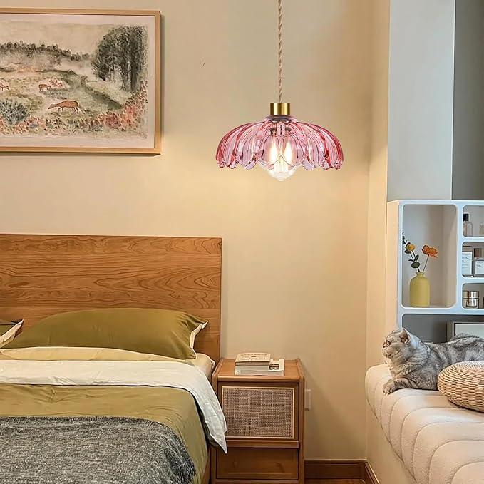 Pink Plug in Pendant Light Hanging Lights with Plug in Cord Boho Hanging Lamp Glass Gold Mid Century Modern Vintage Dimmable Flower Plug in Chandelier Ceiling Fixture for Living Room,Kitchen