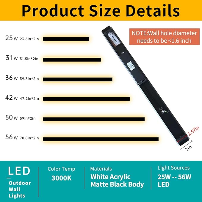 Mikeru 23.6inch Outdoor Wall Light Fixtures, 3000K/4500K/6000K Three Colors Switchable Modern Exterior Wall Sconces Acrylic Invisible Outdoor Lights for Porch